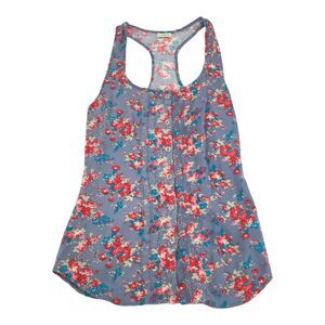 Nicolette Floral Print Button Down Tank Top Size Small Womens Light Blue Red S
